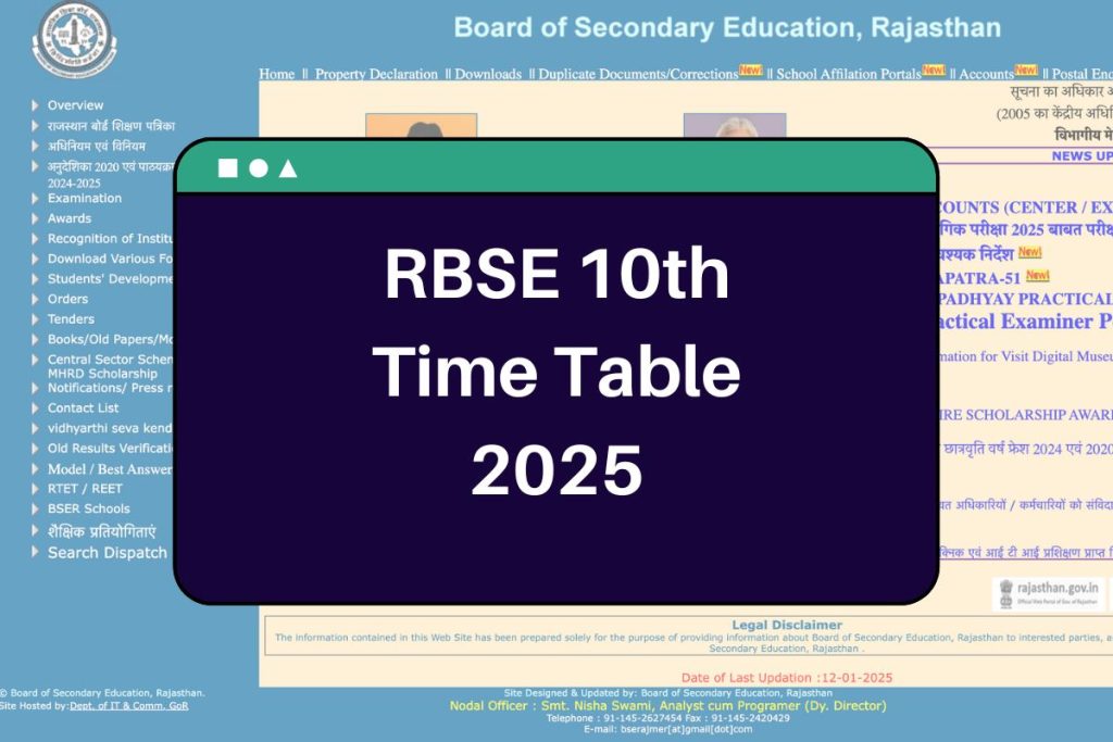 RBSE 10th Time Table 2025 - rajeduboard.rajasthan.gov.in Class 10 Exam Dates